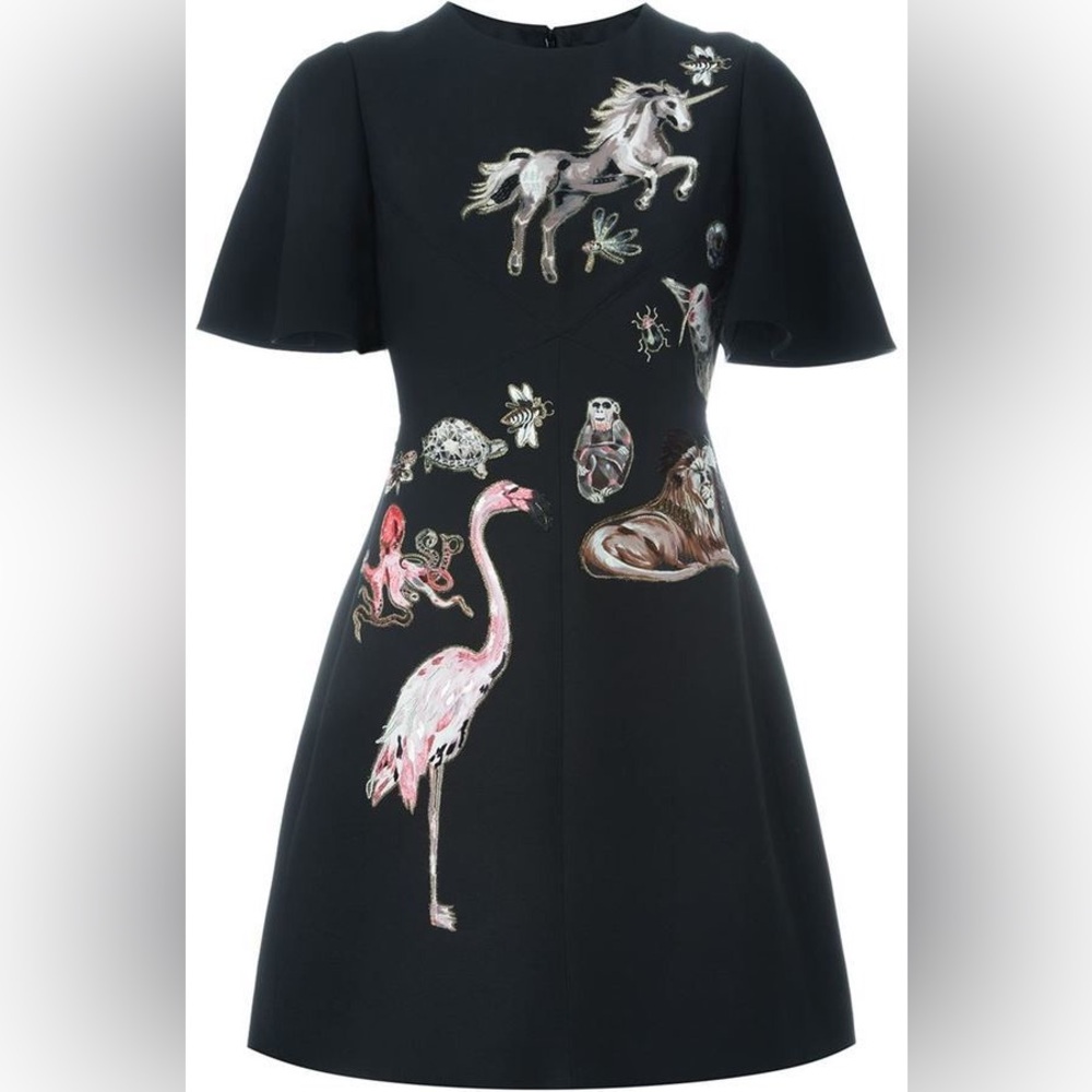 Valentino Fantastic Animals Embroidered Black Mini Dress - 38